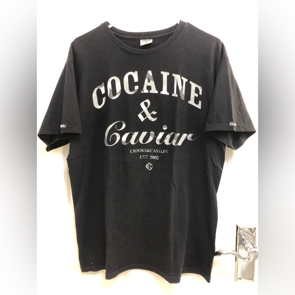Crooks & Castles Cocaine and Caviar print tee sz.M Black VINTAGE.